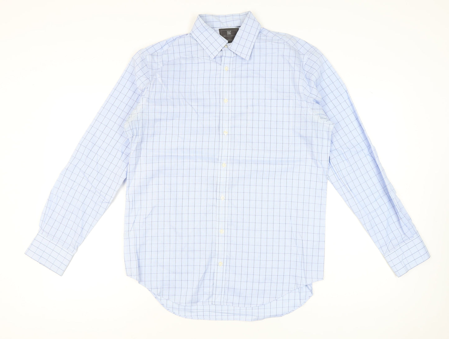 Marks and Spencer Men's Blue Check Cotton Long Sleeve Shirt 15.5 Regular Fit