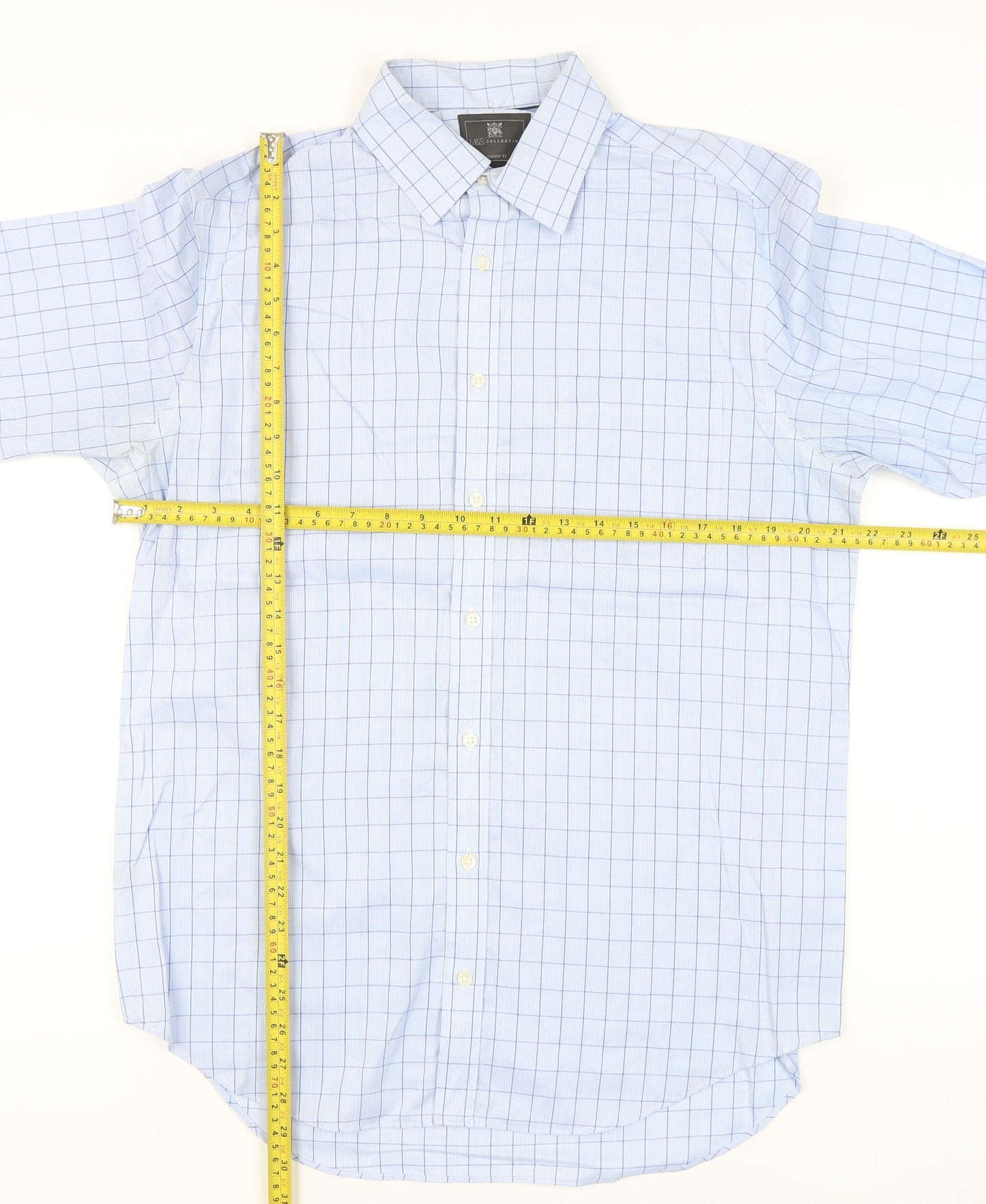 Marks and Spencer Men's Blue Check Cotton Long Sleeve Shirt 15.5 Regular Fit