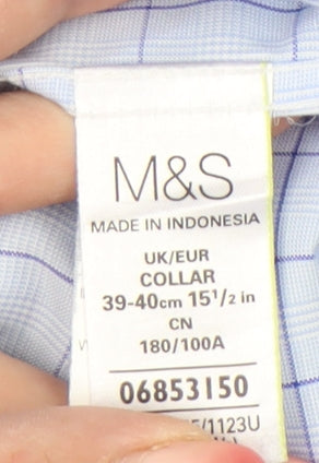 Marks and Spencer Men's Blue Check Cotton Long Sleeve Shirt 15.5 Regular Fit