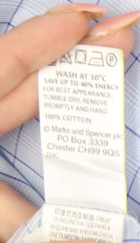 Marks and Spencer Men's Blue Check Cotton Long Sleeve Shirt 15.5 Regular Fit