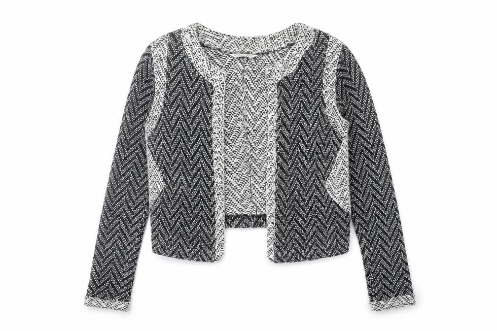 Front view of Miss Selfridge women’s black herringbone cropped jacket, size UK 12