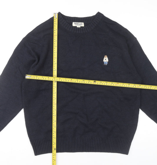 WHO.A.U Men’s Blue Knit Pullover Jumper M Crew Neck Embroidered Logo