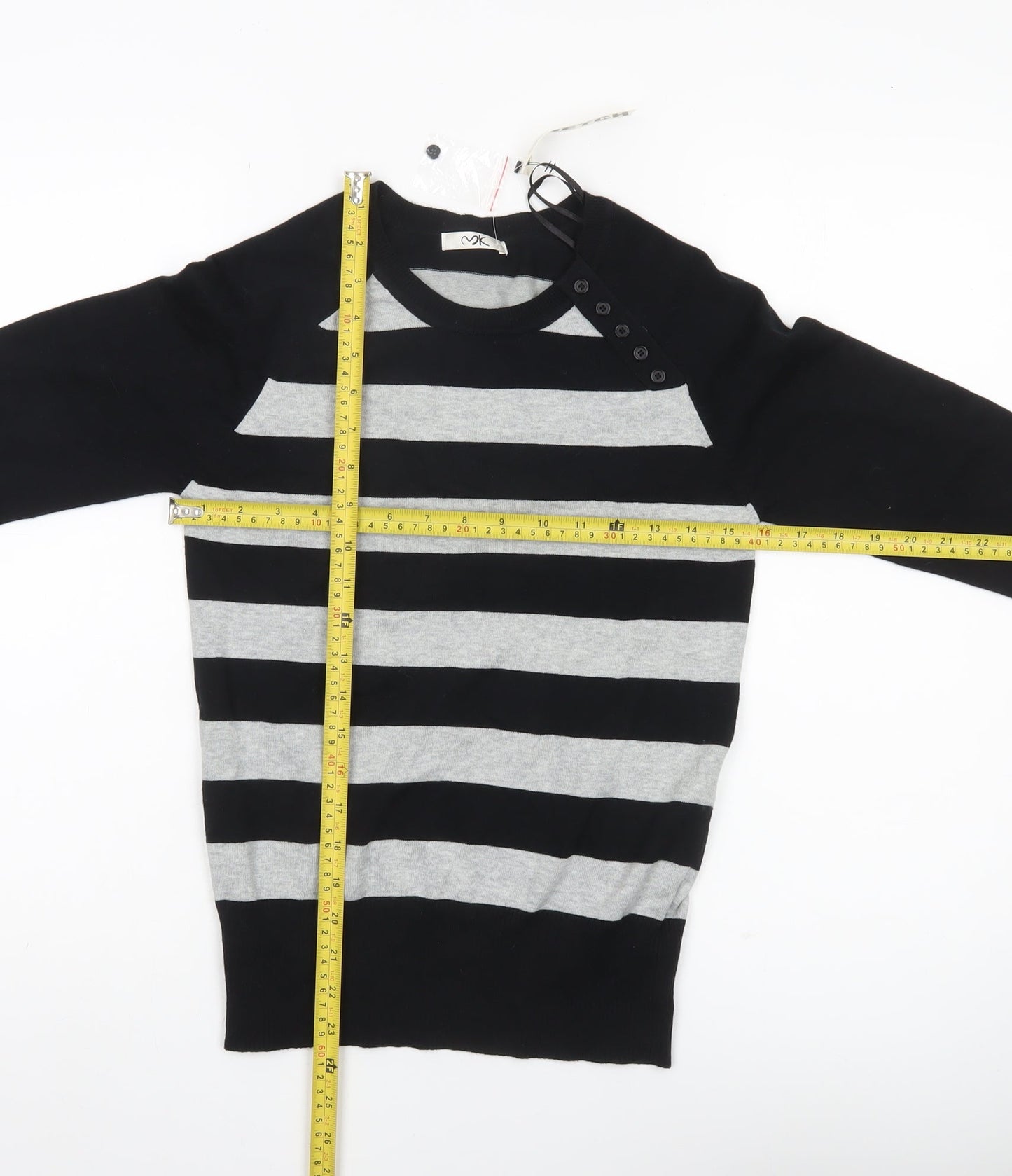 MK Women Black Grey Striped Pullover Jumper Size 12 Long Sleeve