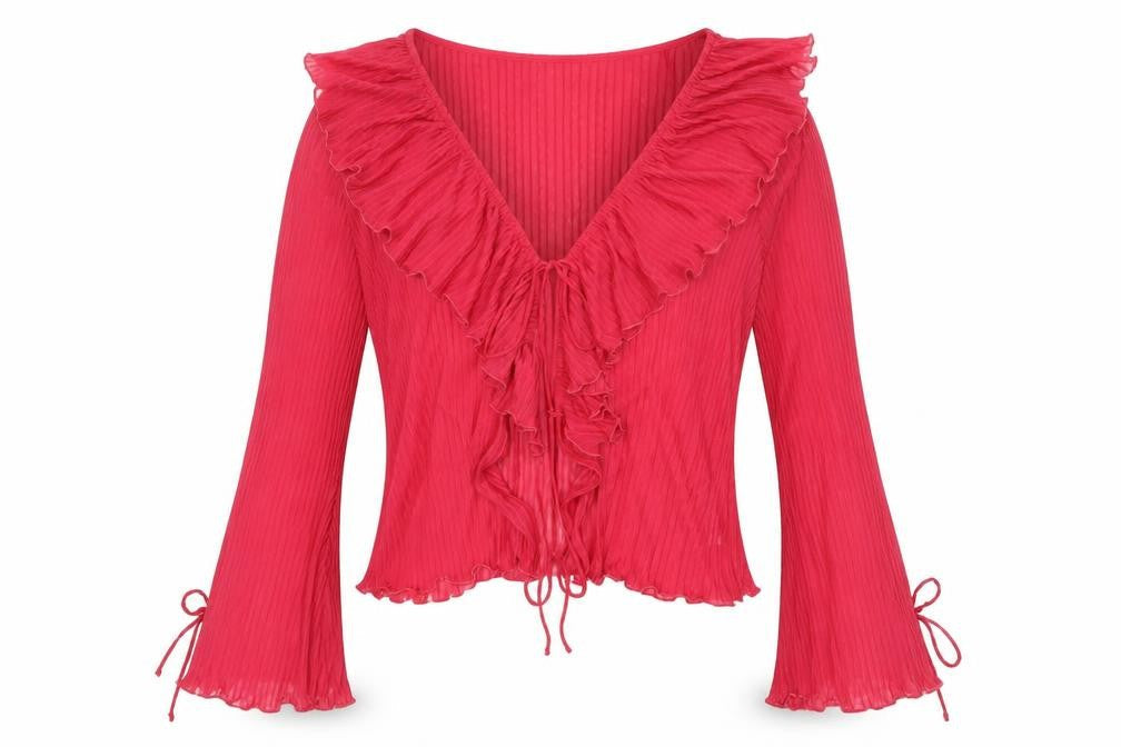 Zara Women Red Ruffle Wrap Blouse Long Sleeve Size L
