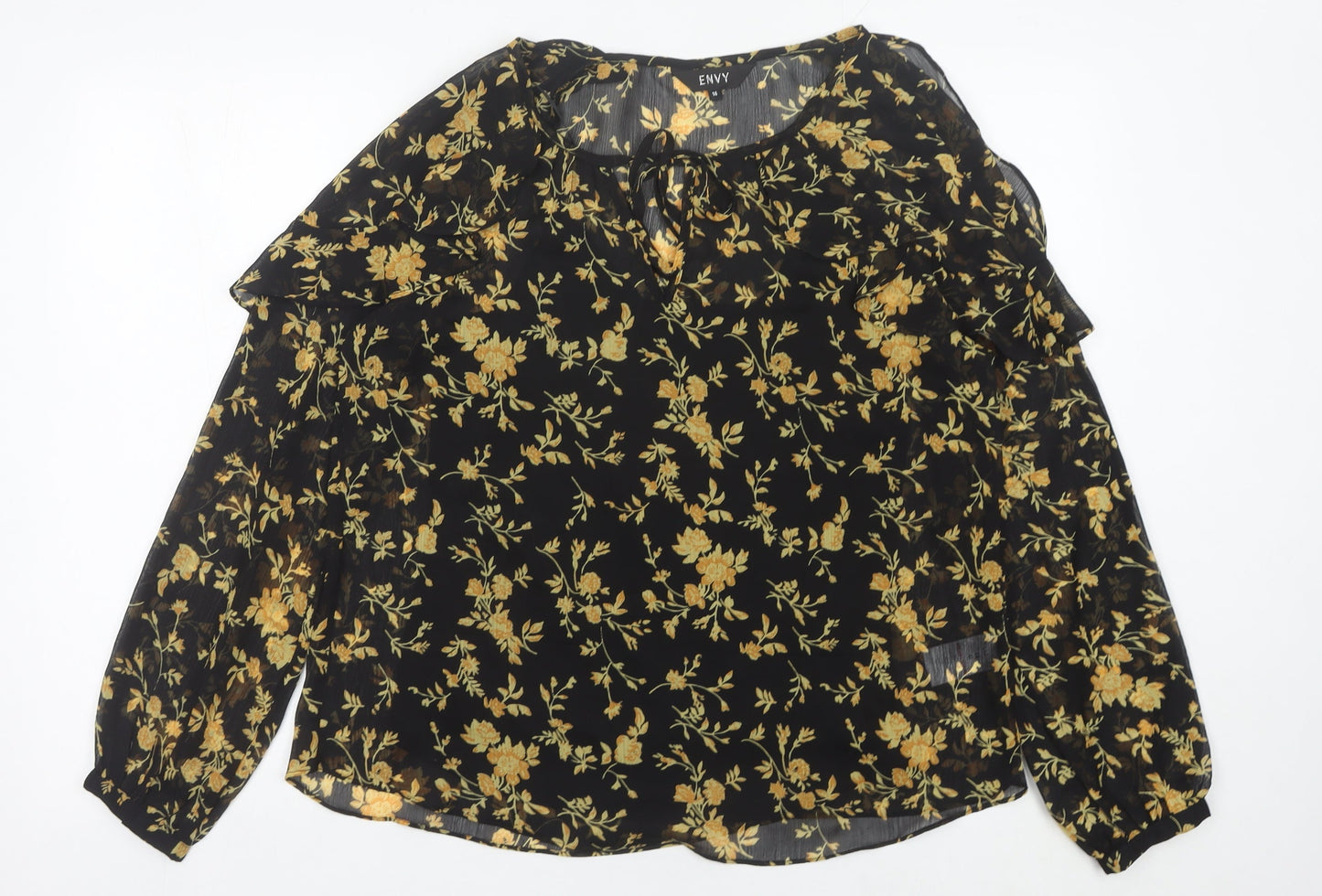 ENVY Womens Black Floral Tunic Blouse Size 14 Long Sleeve Sheer Top