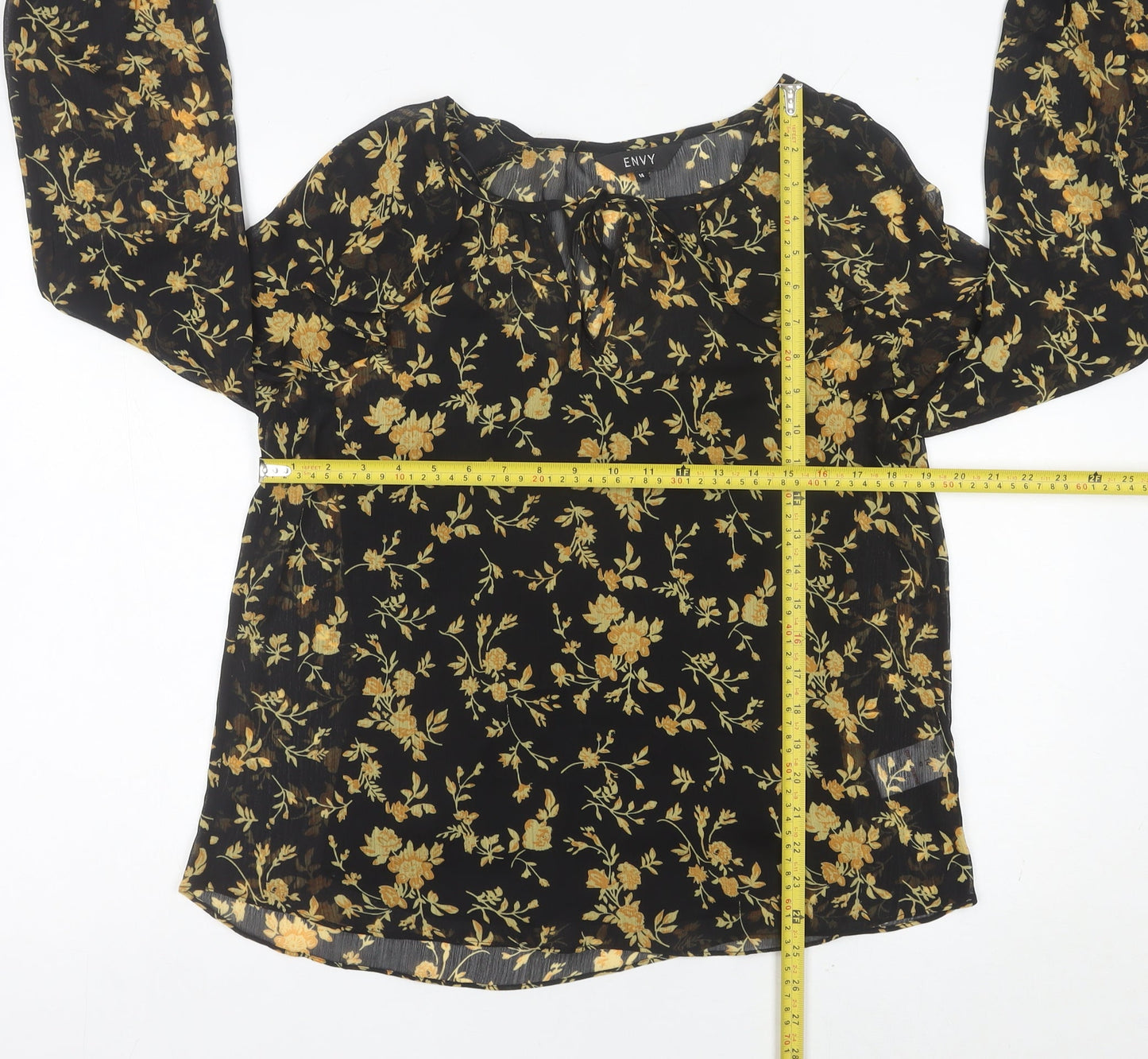 ENVY Womens Black Floral Tunic Blouse Size 14 Long Sleeve Sheer Top