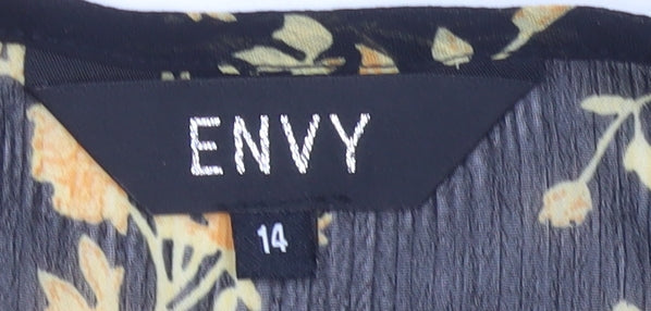 ENVY Womens Black Floral Tunic Blouse Size 14 Long Sleeve Sheer Top