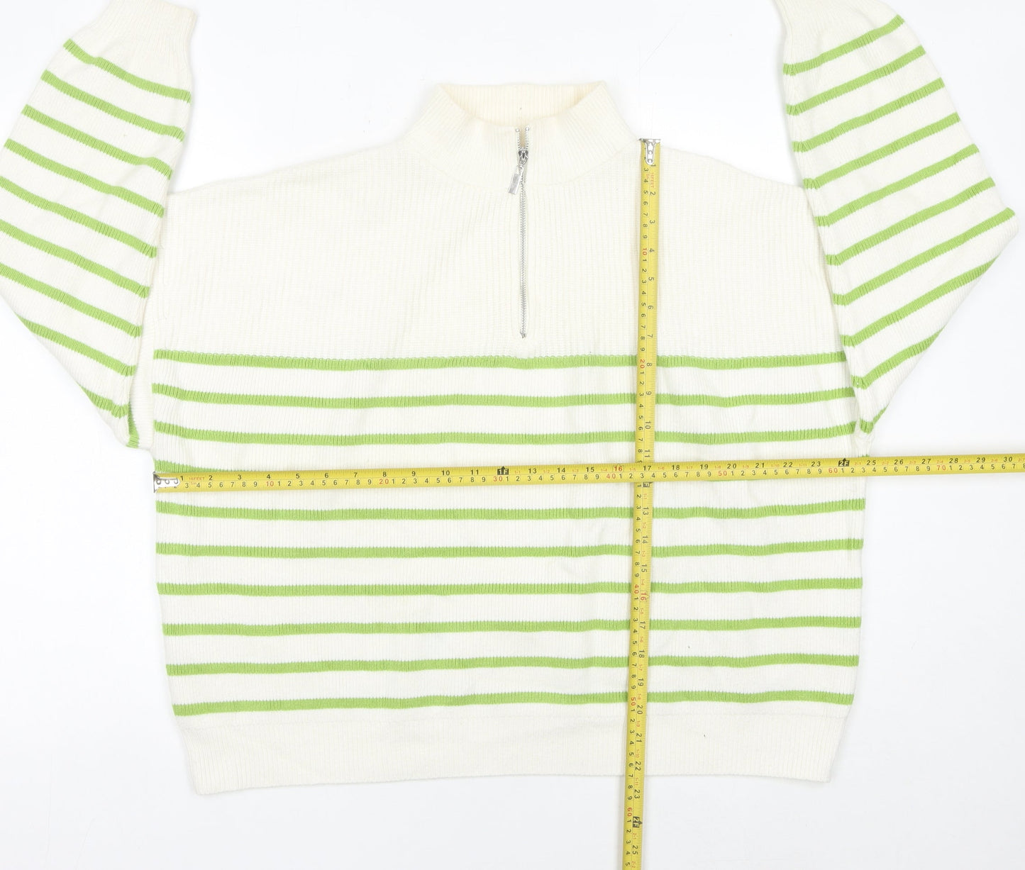 MNG Womens White Green Striped Half Zip High Neck Jumper L
