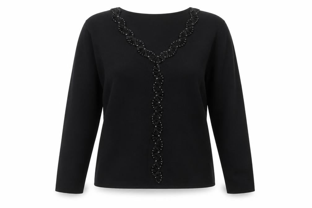 Roman Originals Women Black Medium Beaded V-Neck Pullover Jumper