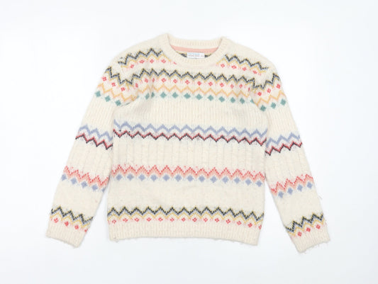 FatFace Girls Ivory Fair Isle Knit Jumper 9-10 Years Crew Neck Pullover
