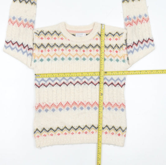 FatFace Girls Ivory Fair Isle Knit Jumper 9-10 Years Crew Neck Pullover