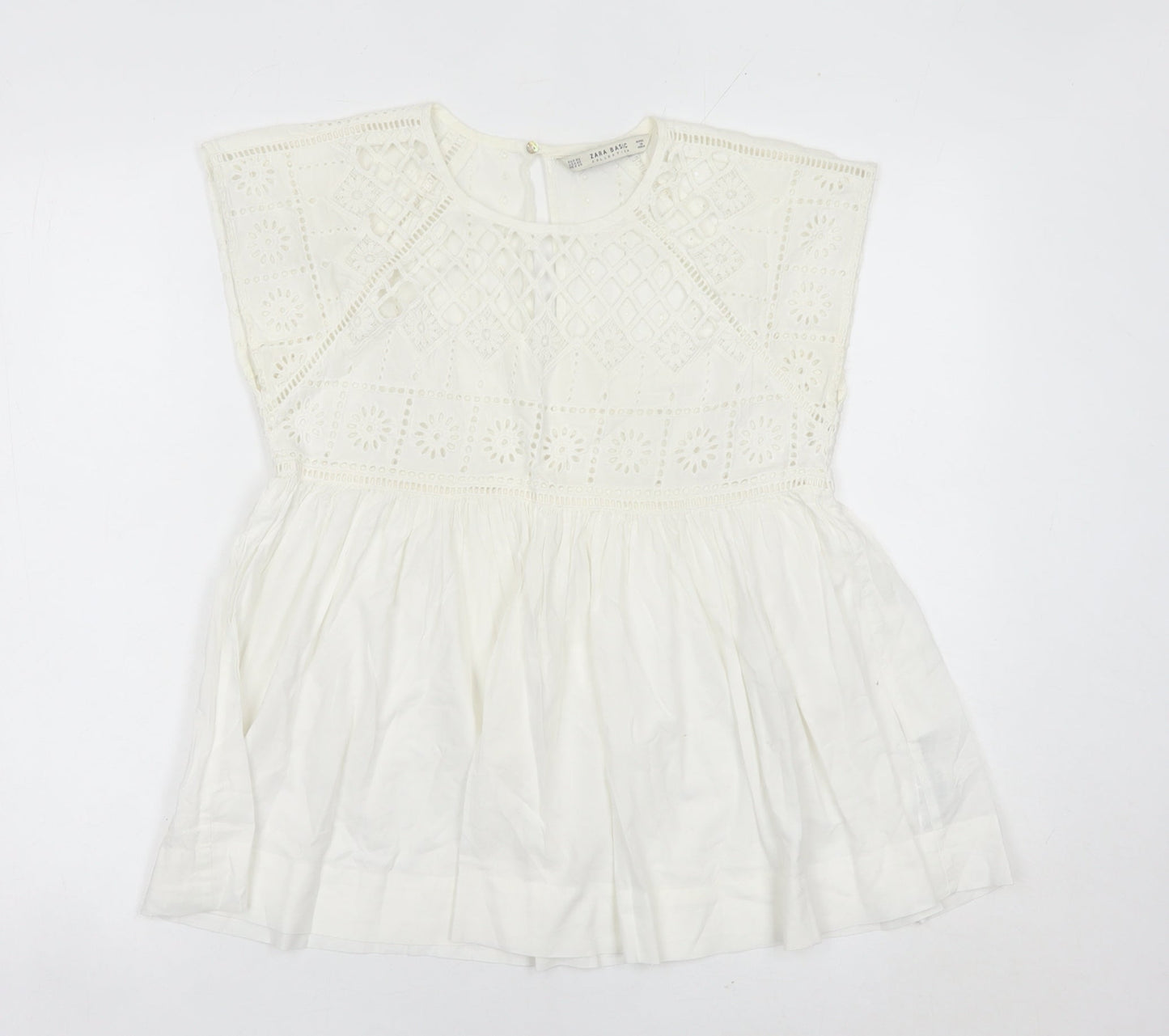 Zara Basic Womens White Cotton Embroidered Tunic Blouse XS