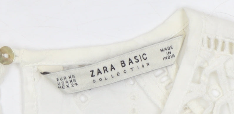 Zara Basic Womens White Cotton Embroidered Tunic Blouse XS