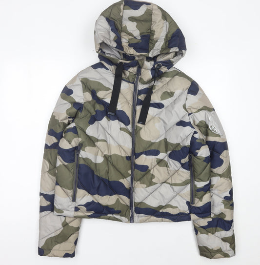 DKNY Womens Camo Puffer Jacket S Multicoloured Hooded Coat