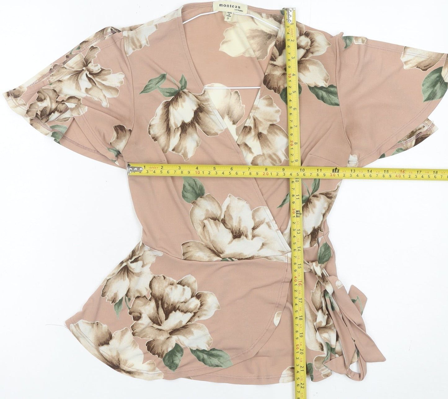 Monteau Women’s Pink Floral Wrap Blouse S Short Flutter Sleeve