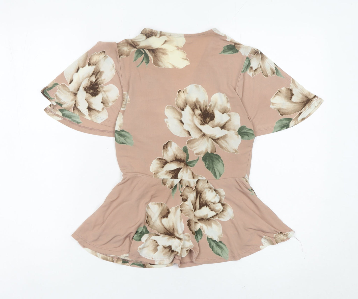Monteau Women’s Pink Floral Wrap Blouse S Short Flutter Sleeve