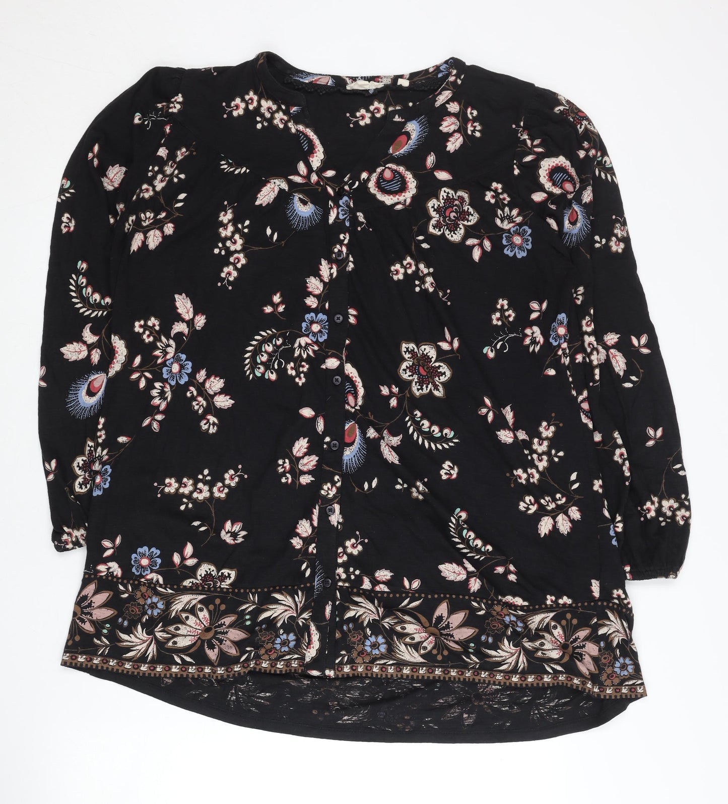 Fat Face Womens Black Floral Blouse Tunic Top Size 12 Cotton Modal