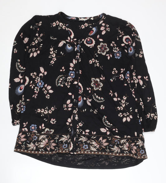 Fat Face Womens Black Floral Blouse Tunic Top Size 12 Cotton Modal
