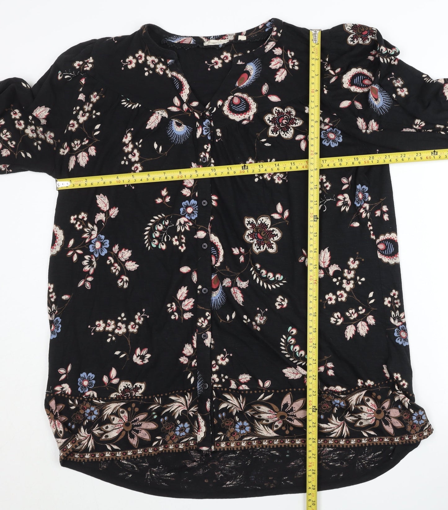 Fat Face Womens Black Floral Blouse Tunic Top Size 12 Cotton Modal