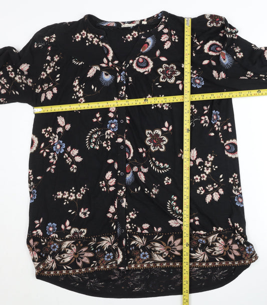 Fat Face Womens Black Floral Blouse Tunic Top Size 12 Cotton Modal