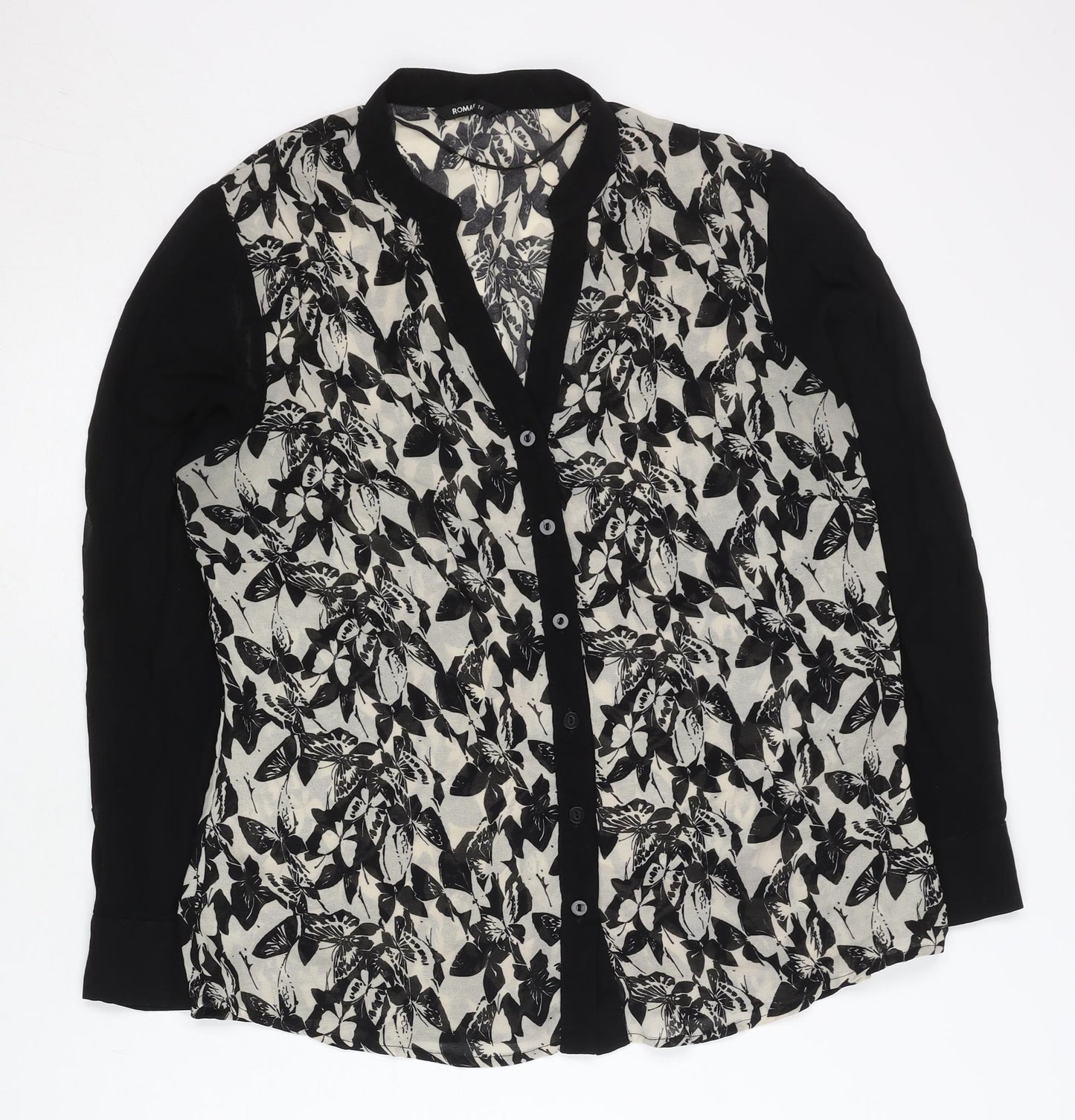 Roman Women's Black Floral Butterfly Chiffon Button-Up Shirt Size 14
