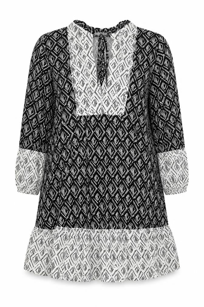 Zara Women’s Black Geometric Shift Dress Size 12 V-Neck Long Sleeve
