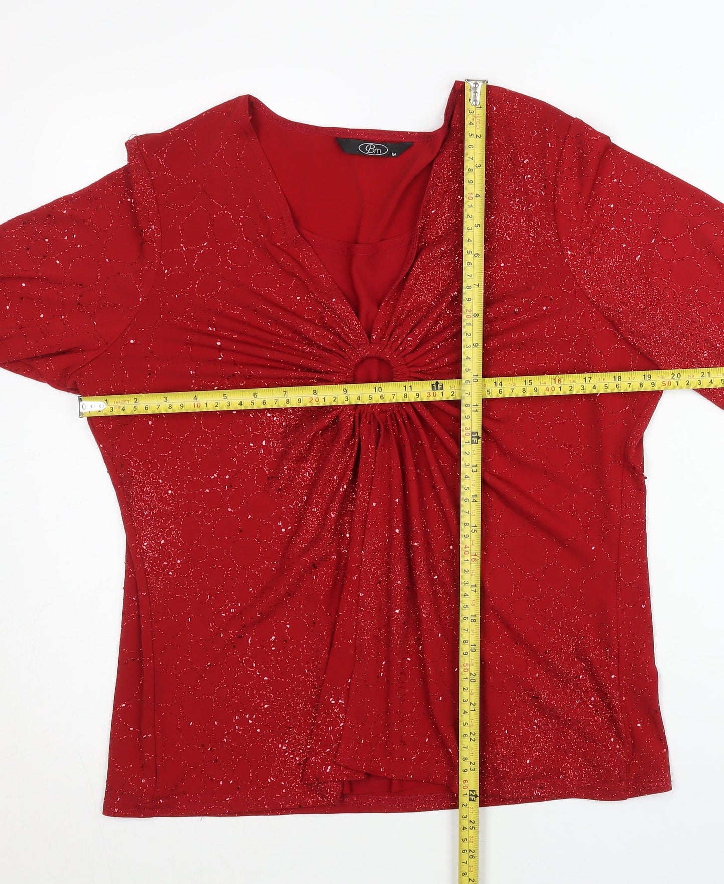 Bm Women’s Red Glitter V-Neck Tunic Blouse M 3/4 Sleeve Party Top