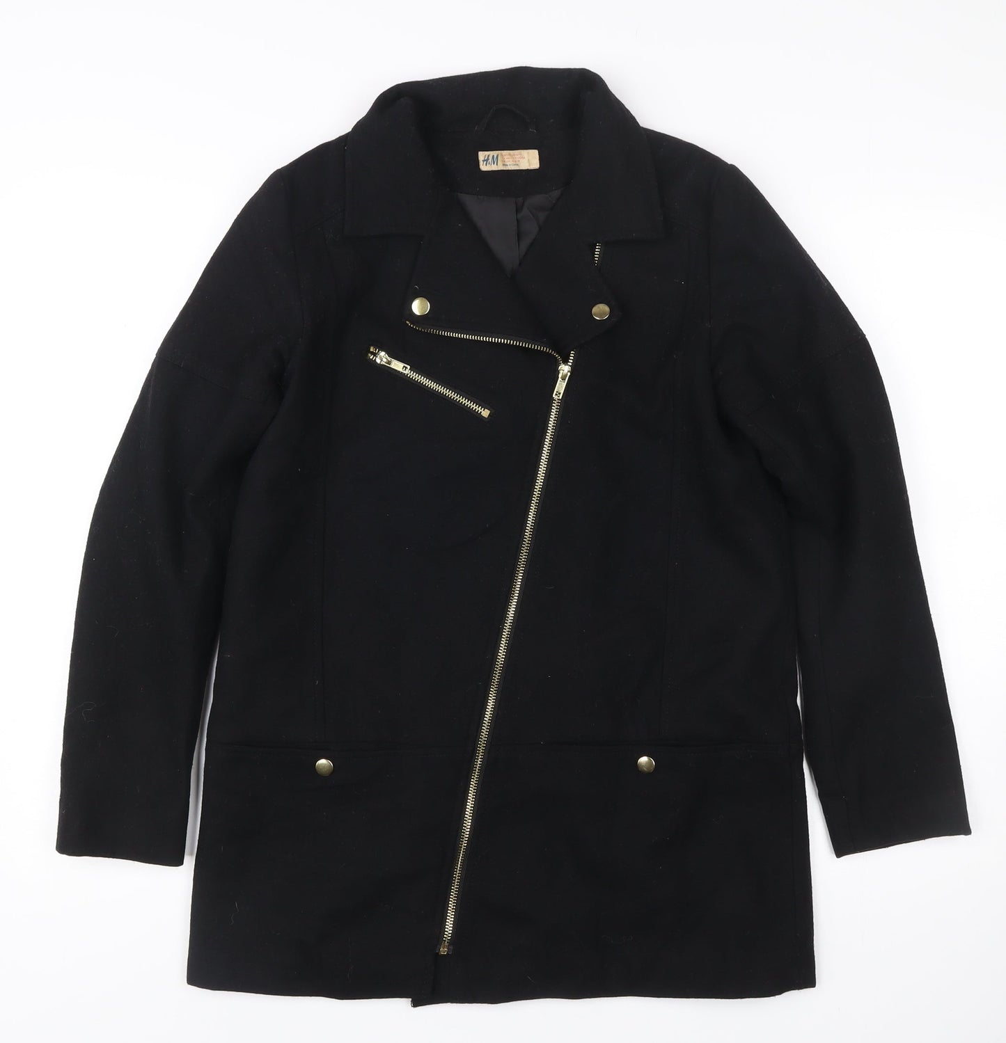 H&M Women’s Black Wool Blend Biker Coat Size 12 Mid Length