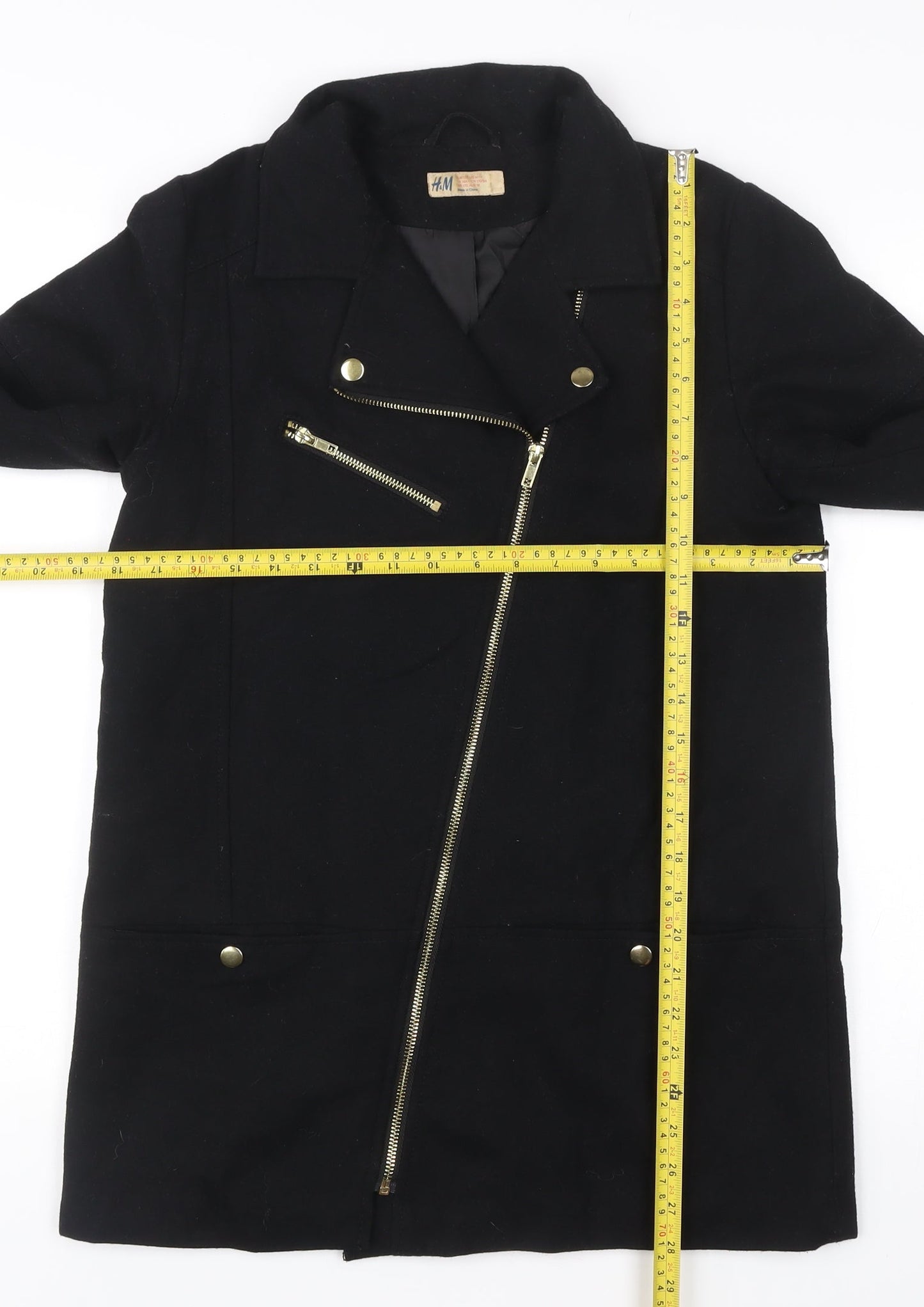 H&M Women’s Black Wool Blend Biker Coat Size 12 Mid Length