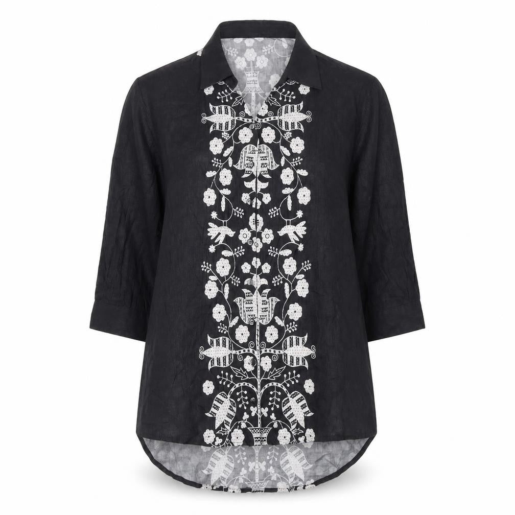 Khaadi Women’s Black Embroidered Tunic Blouse Size L 3/4 Sleeve Floral