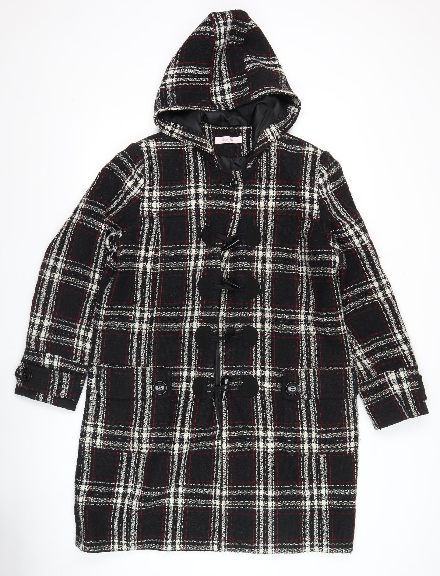 Simply Be Womens Black Check Duffle Coat Hooded Size 14