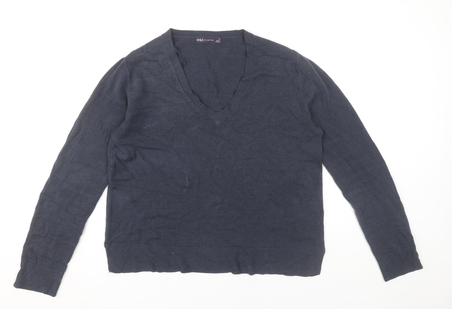 Marks and Spencer Womens Blue Size 12 V-Neck Acrylic Jumper