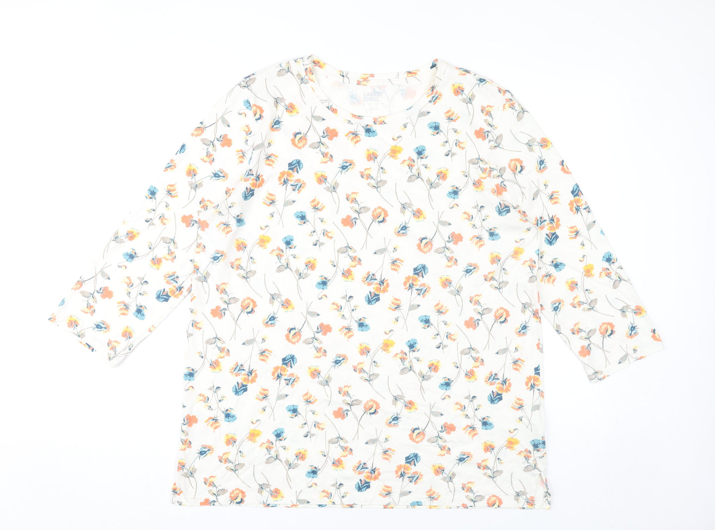 Lands' End Women's Multicoloured Floral Cotton 3/4 Sleeve T-Shirt M