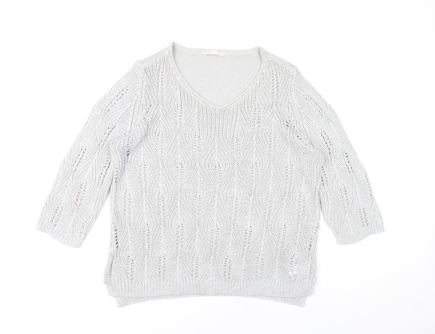 BHS Women Grey V-Neck Open-Knit Pullover Jumper Size 18