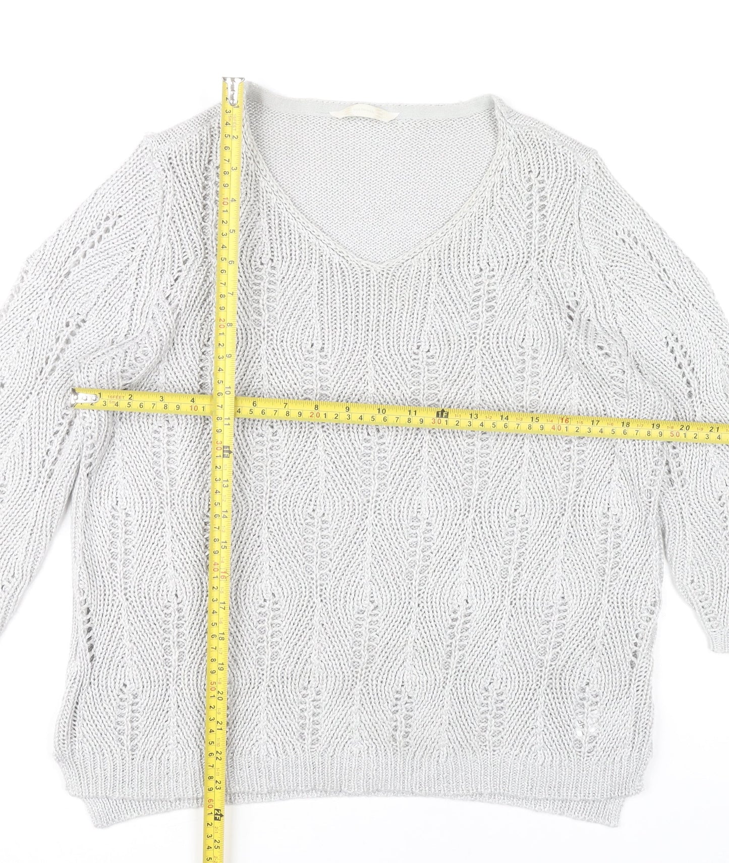 BHS Women Grey V-Neck Open-Knit Pullover Jumper Size 18
