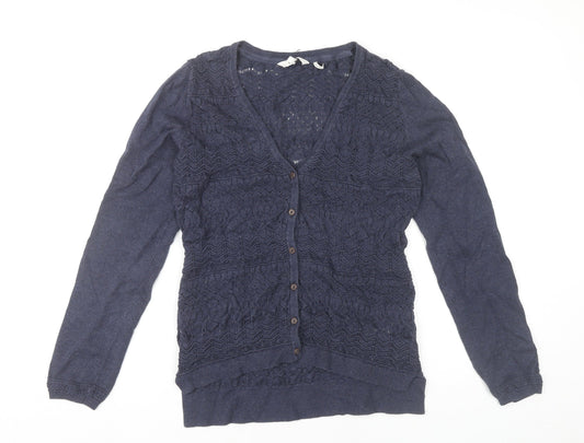FatFace Womens Blue Cotton Crochet Cardigan Size 10 V-Neck Long Sleeve