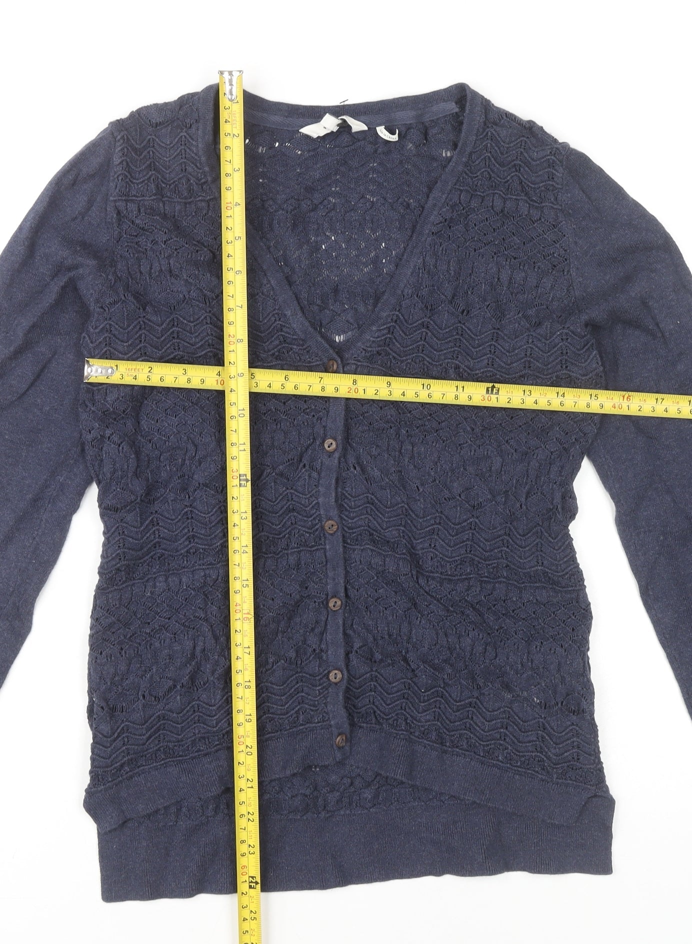 FatFace Womens Blue Cotton Crochet Cardigan Size 10 V-Neck Long Sleeve