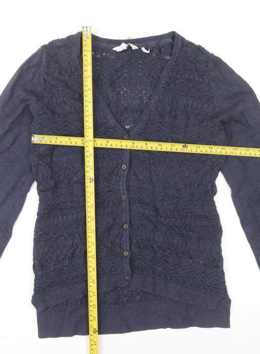 FatFace Womens Blue Cotton Crochet Cardigan Size 10 V-Neck Long Sleeve