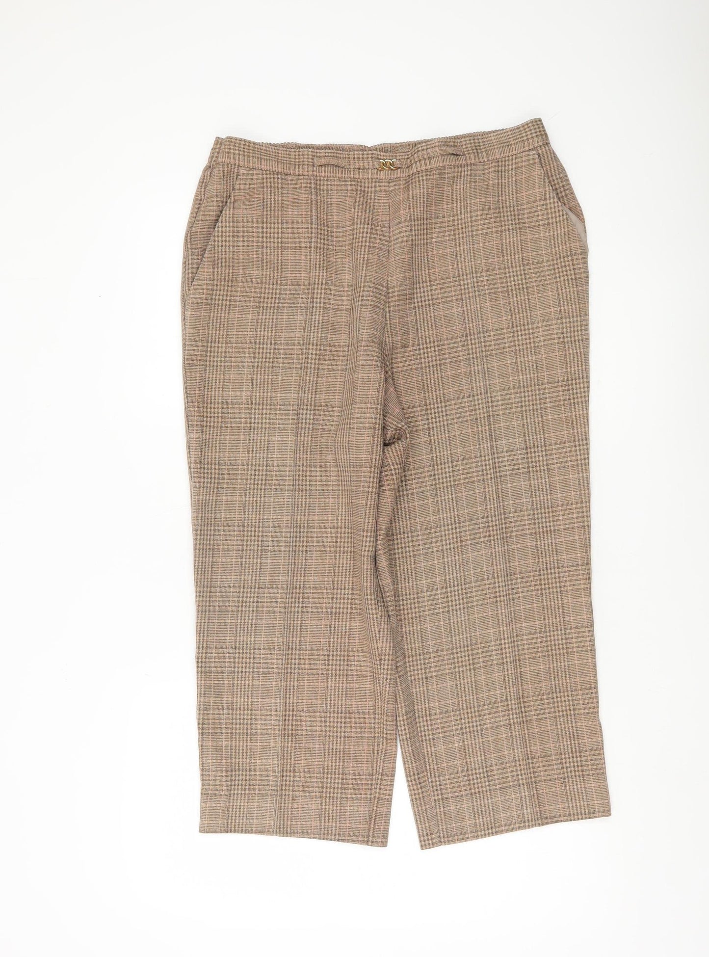 Marks and Spencer Women Brown Check Trousers Size 14 Elastic Waist