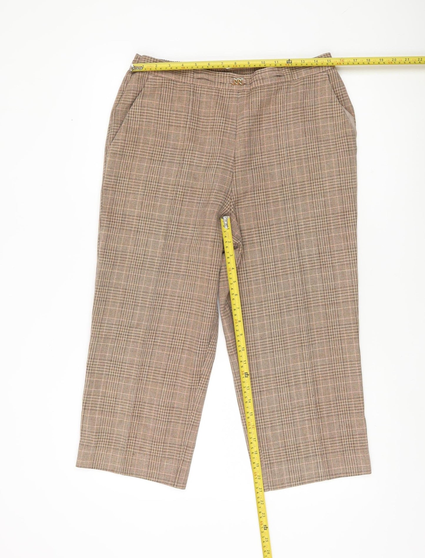 Marks and Spencer Women Brown Check Trousers Size 14 Elastic Waist