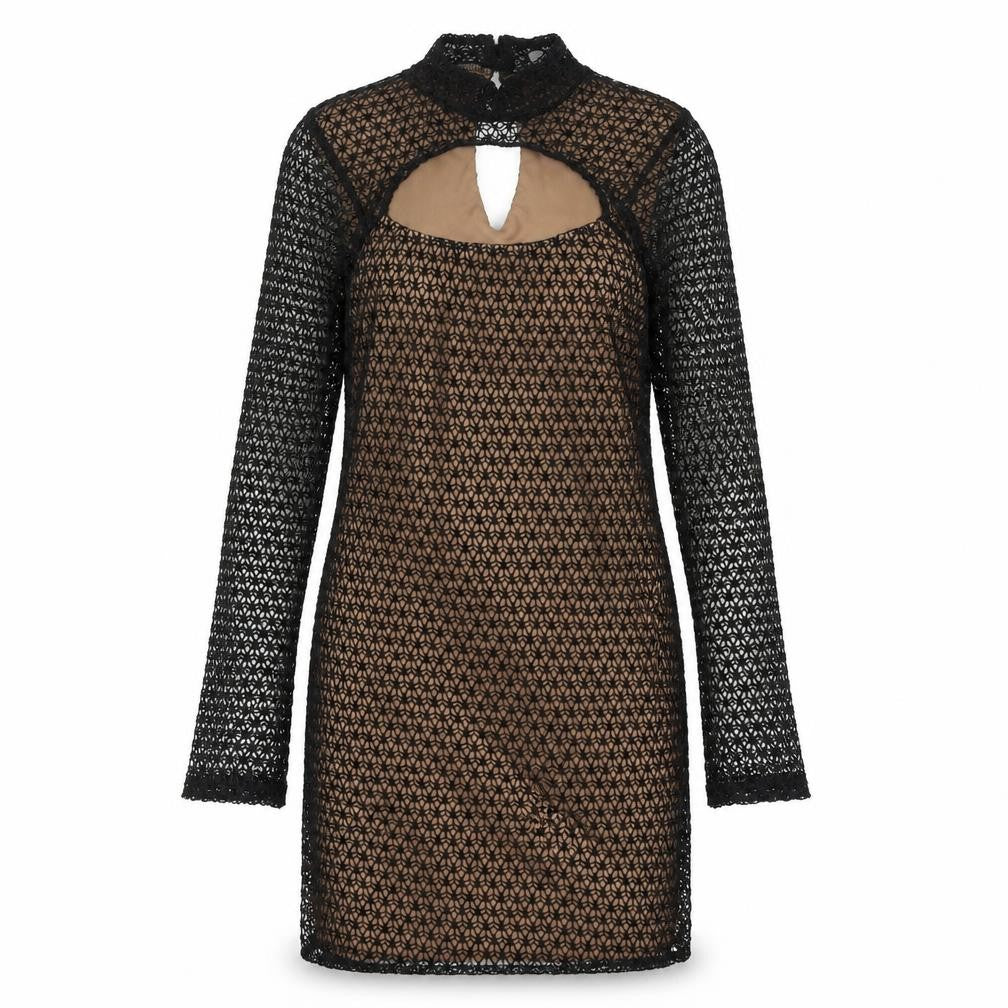 Front view of ASOS Women’s Black Beige Bodycon Lace Dress UK 8-10 Long Sleeve Party