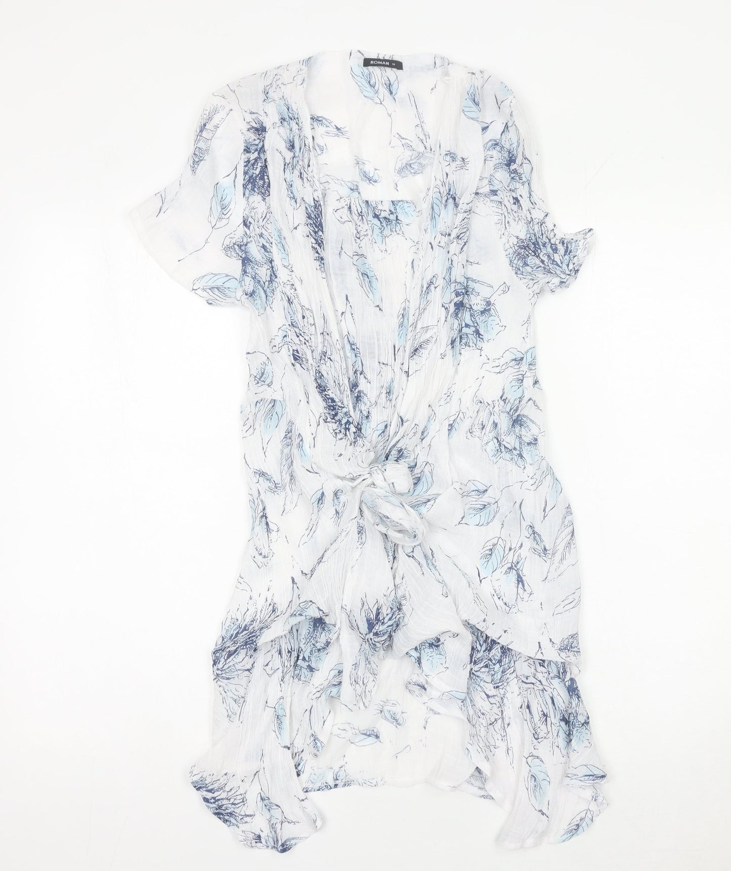 Roman Women’s White Blue Floral Kimono Blouse Size 10