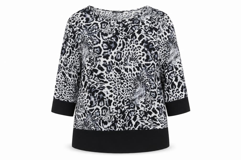 Roman Women’s Black Animal Print Tunic Blouse Size 12 3/4 Sleeve