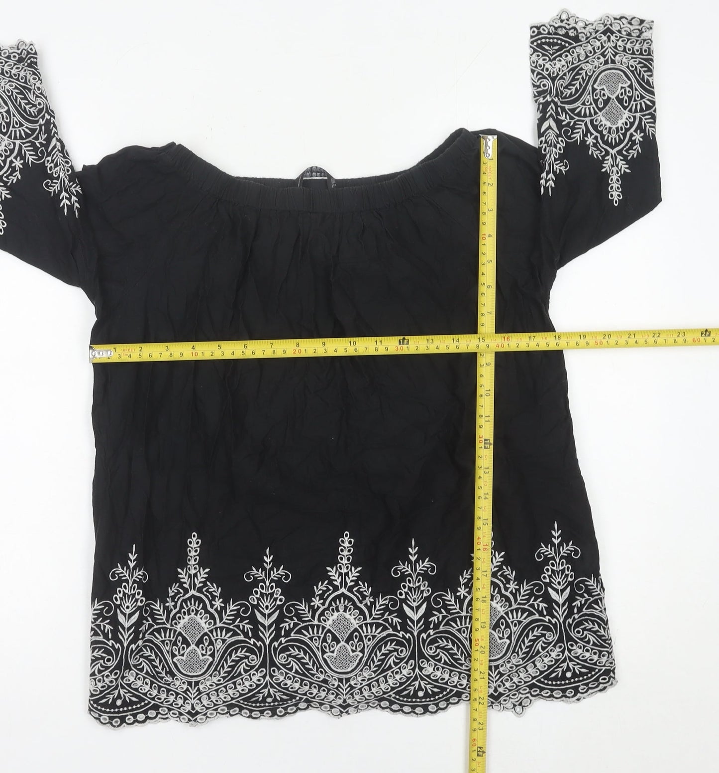 Zara Women Black Embroidered Off Shoulder Cotton Tunic Blouse Size 12
