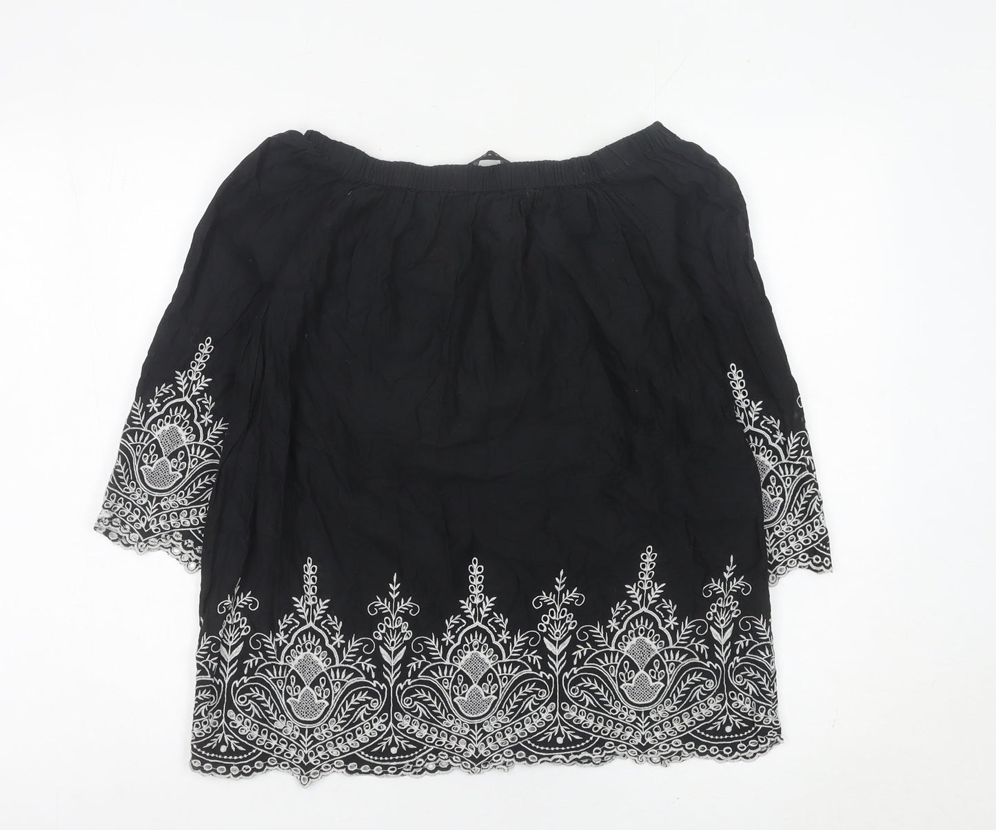 Zara Women Black Embroidered Off Shoulder Cotton Tunic Blouse Size 12