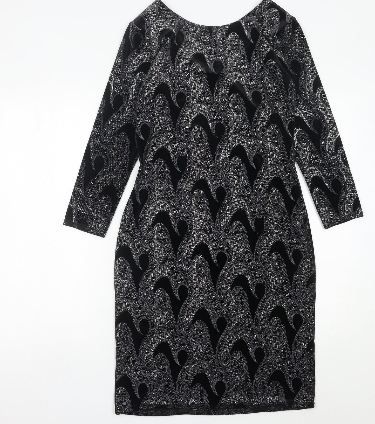 Quiz Women’s Black Paisley Bodycon Dress Size 12 Stretch Velvet