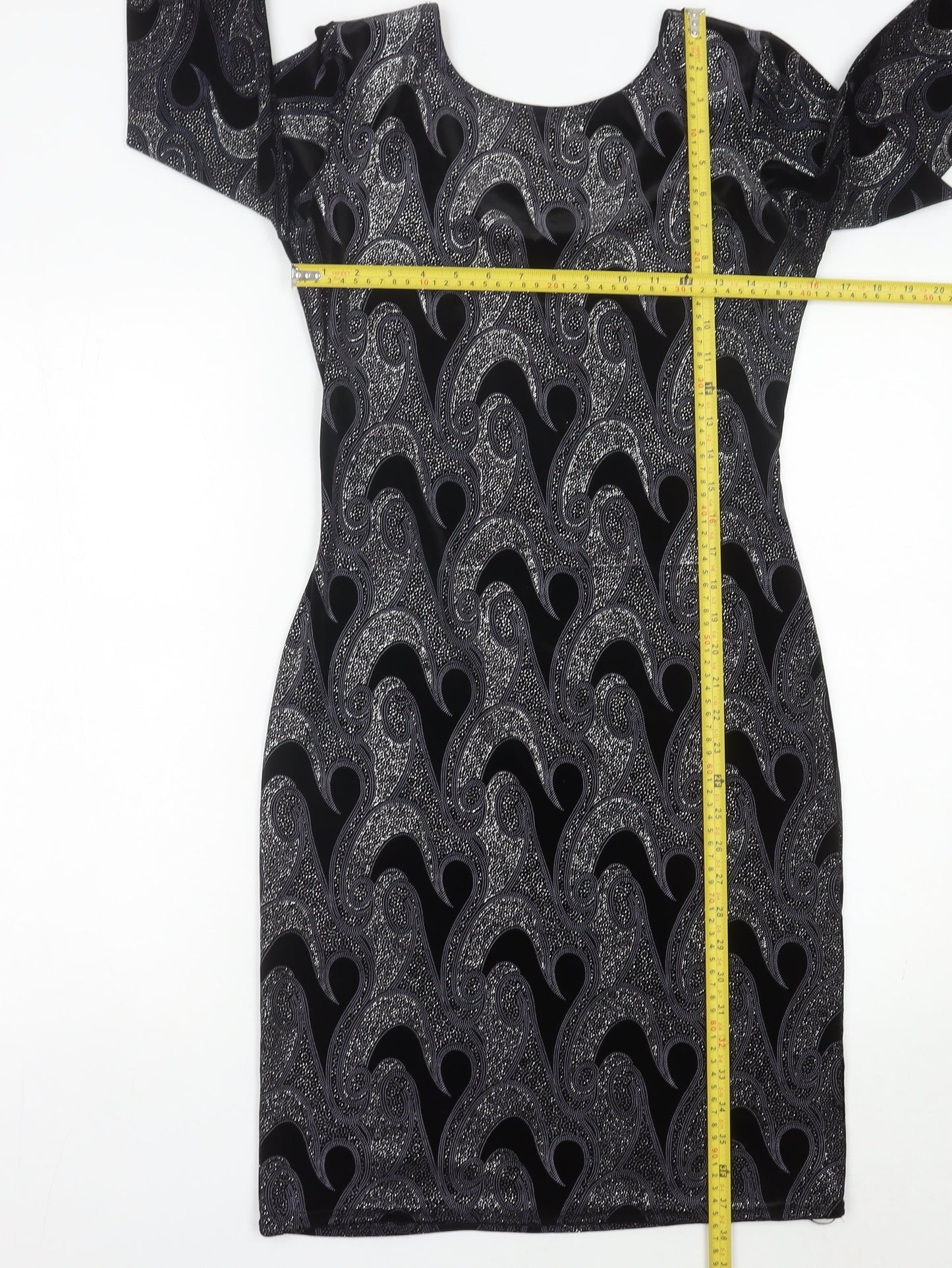Quiz Women’s Black Paisley Bodycon Dress Size 12 Stretch Velvet