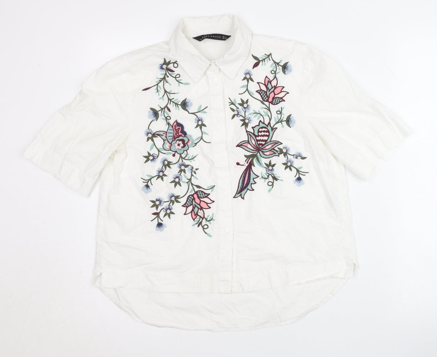 Zara Woman White Floral Embroidered Button-Up Shirt Size 8