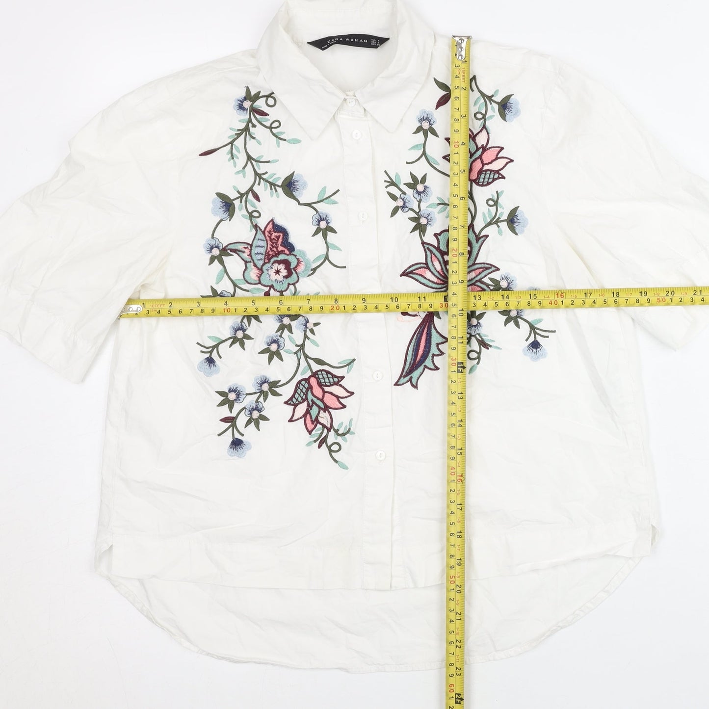 Zara Woman White Floral Embroidered Button-Up Shirt Size 8