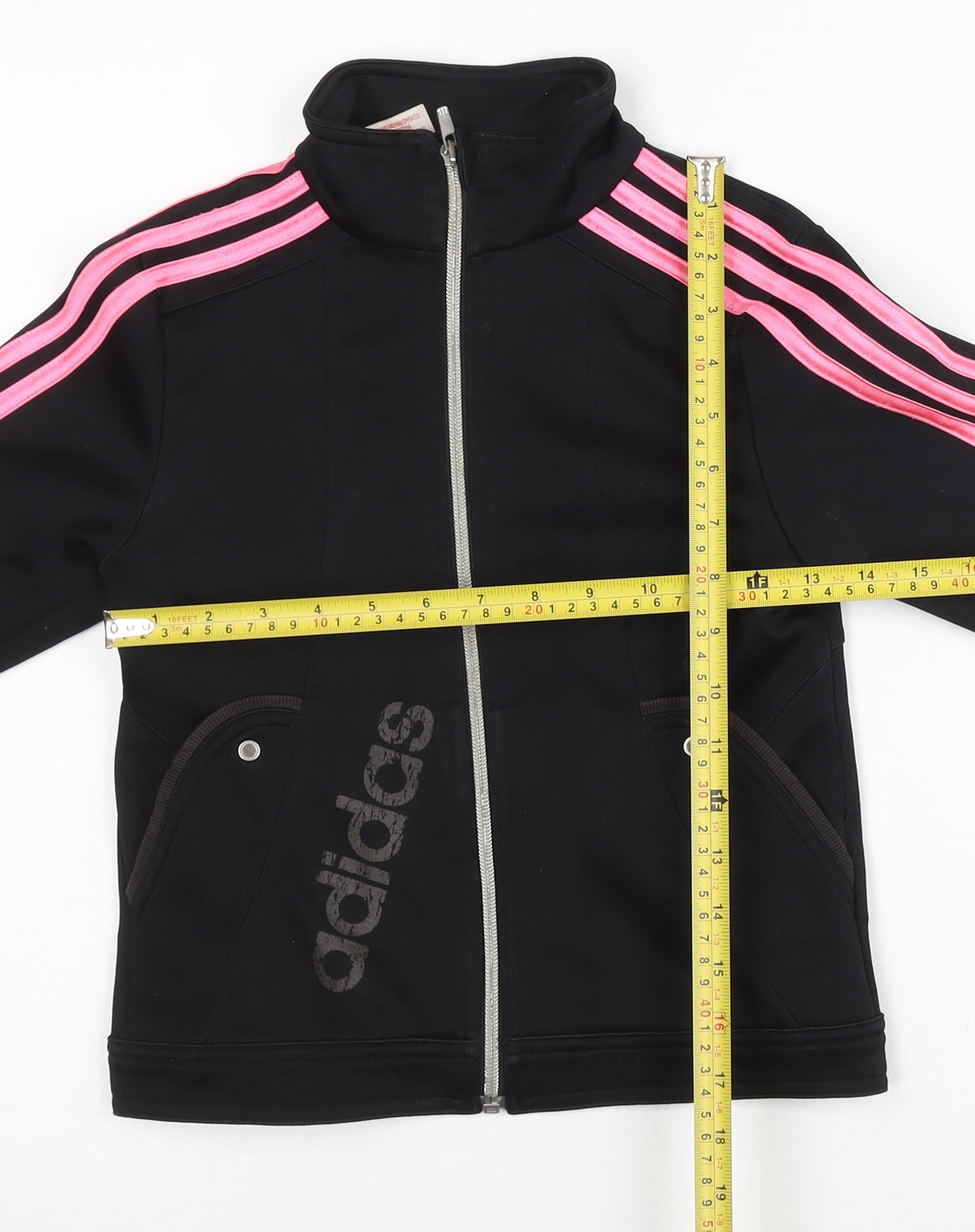 Adidas Girls Black Pink Track Jacket Size 28/30 Full Zip Sportswear
